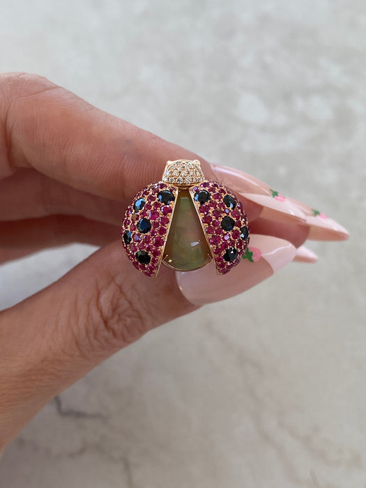 18K Rose Gold Ruby & Diamond Ladybug Ring with Hidden Opal