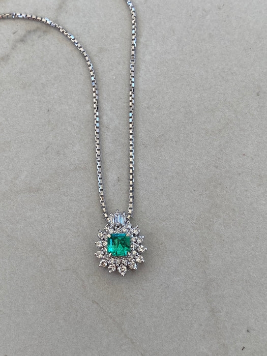 Vintage Platinum Emerald & Diamond Pendant Necklace