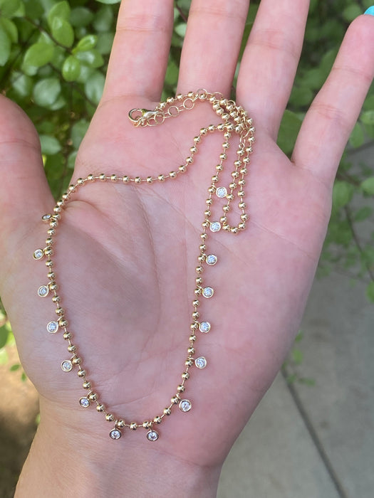 14k bead necklace with bezel set diamond charms