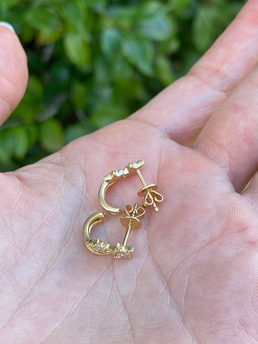 14K Gold Double Star Diamond J Huggie Hoop Earrings