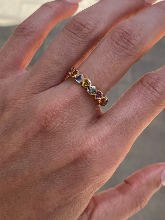 14K Gold Rainbow Sapphire Heart Eternity Ring
