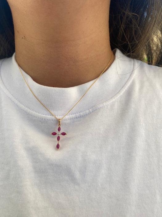 14K Rose Gold Ruby & Diamond Cross Pendant