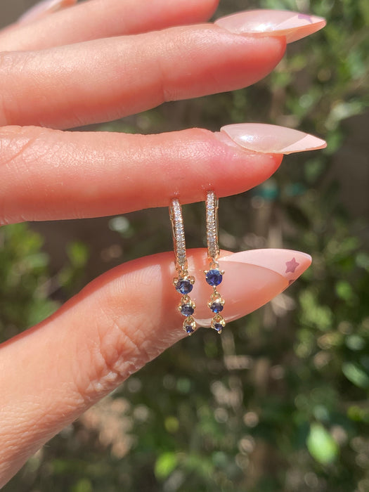 14K Gold Diamond Huggie Earrings with Blue Sapphire Dangle Charms