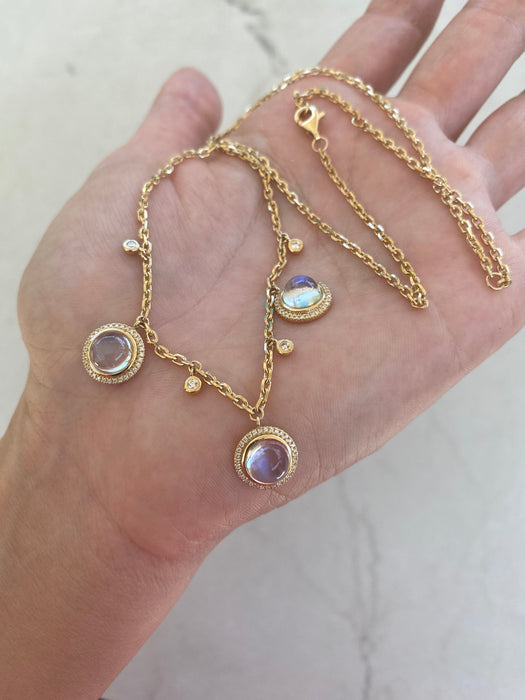14K Gold Natural Moonstone & Diamond Biker Chain Necklace
