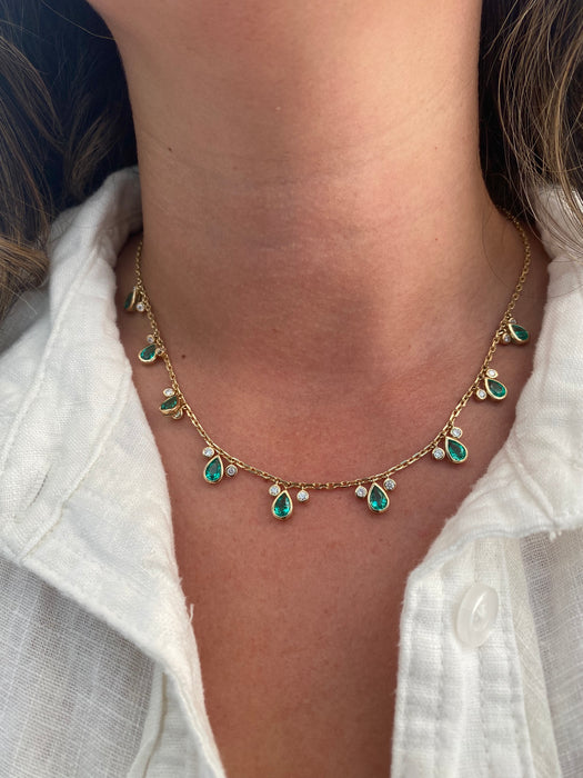 14K Gold Mariner Chain Necklace with Lab-Grown Pear Emerald & Diamond Stations