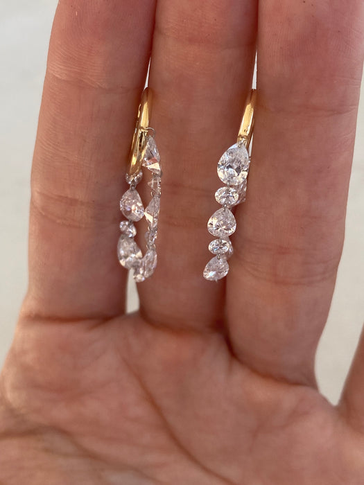 14K Gold Floating Lab Diamond Drop Huggie Earrings | 4.65 CTW Pear & Round Lab Diamonds