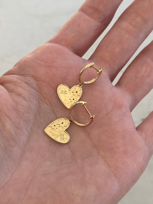 14K Gold Diamond Heart Charm Huggie Earrings