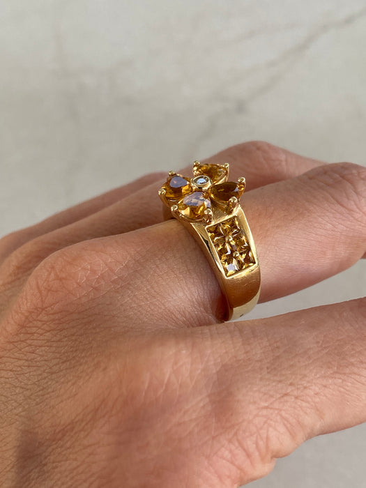 Vintage 14K Gold Citrine Diamond Flower Ring – Size 7