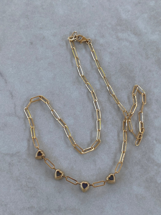 14K Gold Blue Sapphire Heart Paperclip Necklace