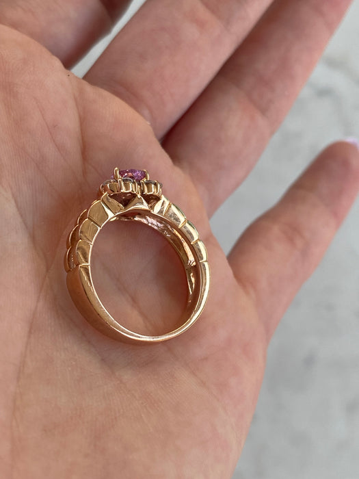 Vintage 18K Rose Gold Pink Sapphire Heart Ring with Diamond Halo – Size 7