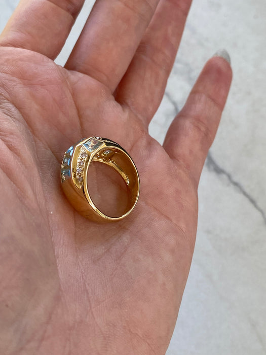 Vintage 18K Gold Blue Topaz & Diamond Geometric Ring – 2.84 TCW Blue Topaz