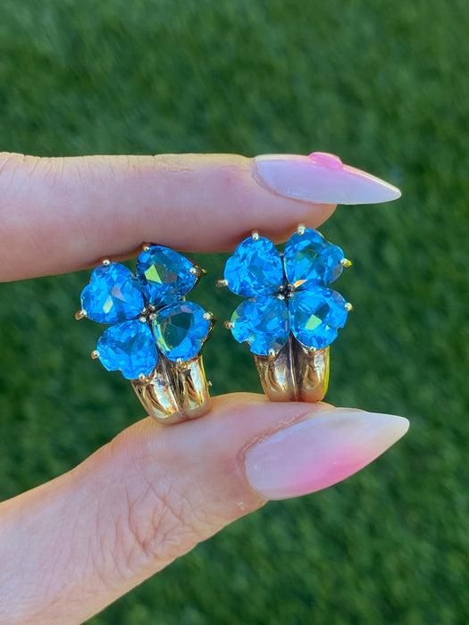 Vintage 14K Gold Blue Topaz Heart Flower Earrings