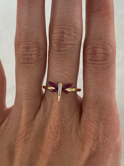 14K Dragonfly Ruby & Diamond Ring