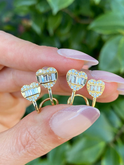 Vintage 18K Gold Diamond Double Heart Stud Earrings – 1 CTW Baguette & Round Diamonds