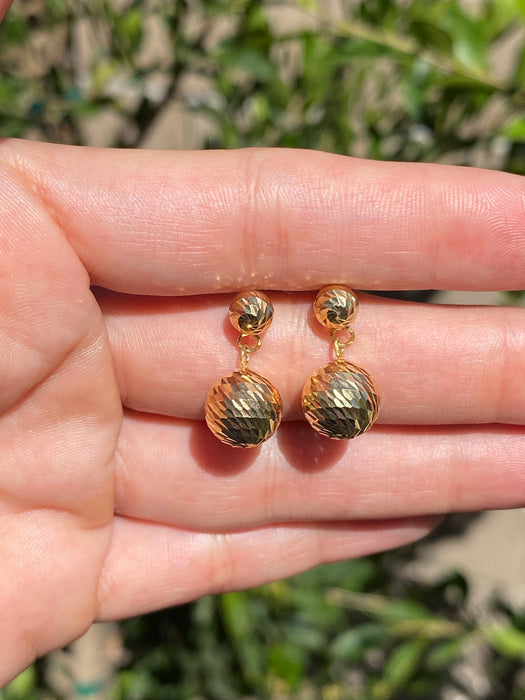 14K Gold Diamond Cut Bead Dangle Earrings – Textured Disco Ball Drop Earrings