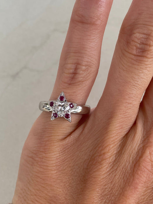 Vintage Platinum 900 Ruby & Heart Diamond Star Ring | 0.62 TCW | Size 4.75