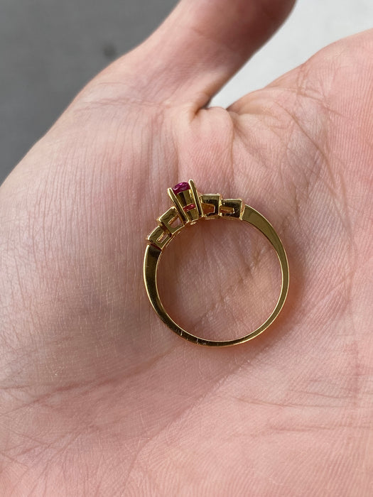 Vintage 18K Ruby & Diamond Ring with Baguette Accents