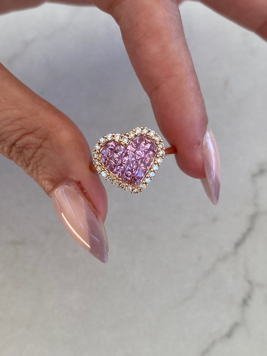 Vintage 18K Rose Gold Pink Sapphire & Diamond Heart Ring