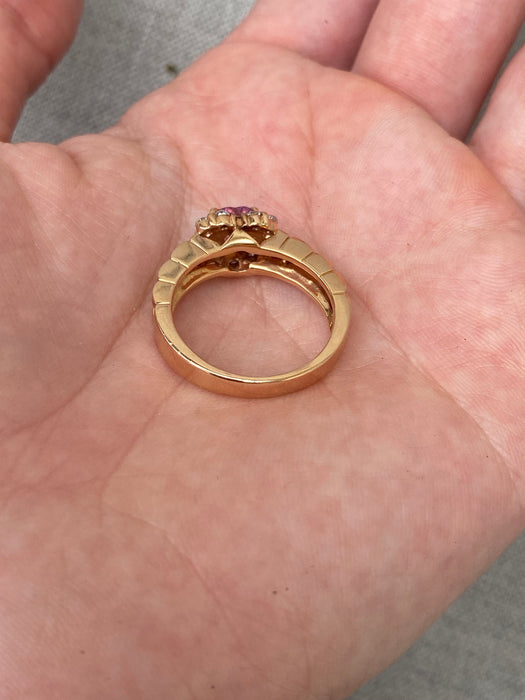 Vintage 18K Rose Gold Pink Sapphire Heart Ring with Diamond Halo – Size 7