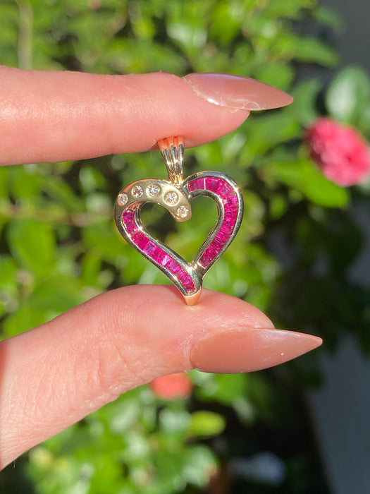 Vintage 14K Gold Princess Cut Ruby & Diamond Heart Pendant