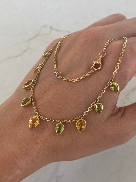 14K Solid Gold Peridot & Citrine Station Chain Necklace