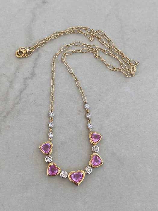 14K Gold Pink Sapphire Heart & Diamond Paperclip Necklace – 2.20 TCW Pink Sapphires