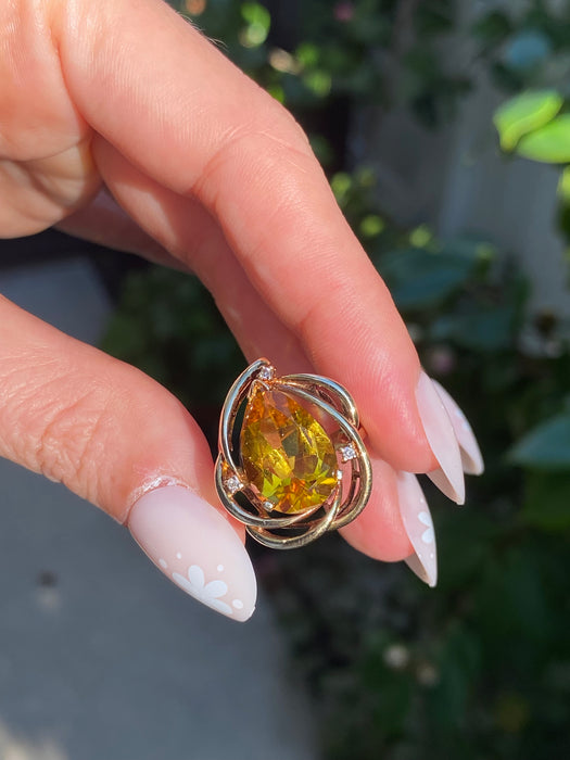 Vintage 14K Gold Pear Citrine & Diamond Ring
