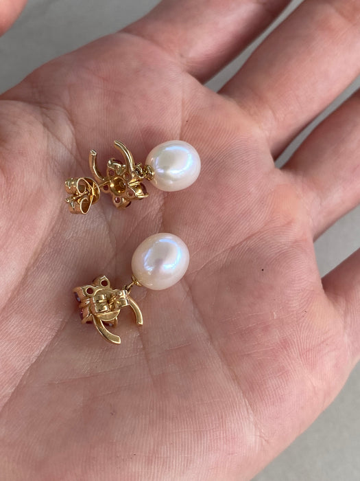 14K Gold Pink Topaz, Diamond & Pearl Drop Earrings