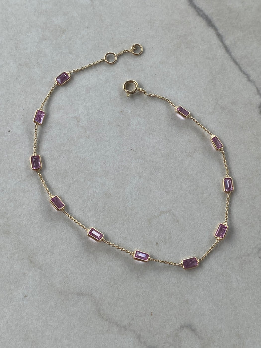14K Gold Emerald-Cut Pink Sapphire Charm Bracelet