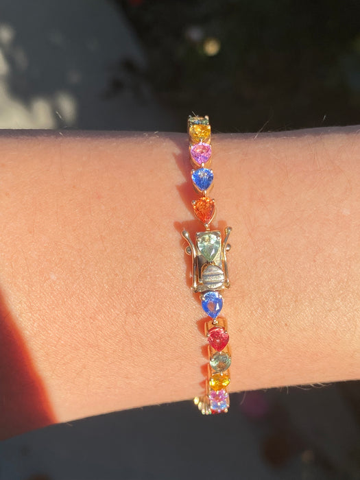 14k Gold Pear Cut Rainbow Sapphire Tennis Bracelet | Multicolor Sapphire Bracelet