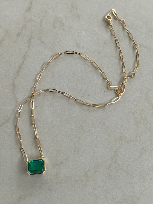 14K Gold Paperclip Chain Necklace with Lab-Grown Emerald Pendant