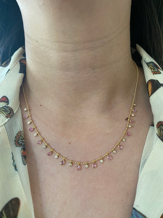 14k bead bezel set pink sapphire diamond necklace