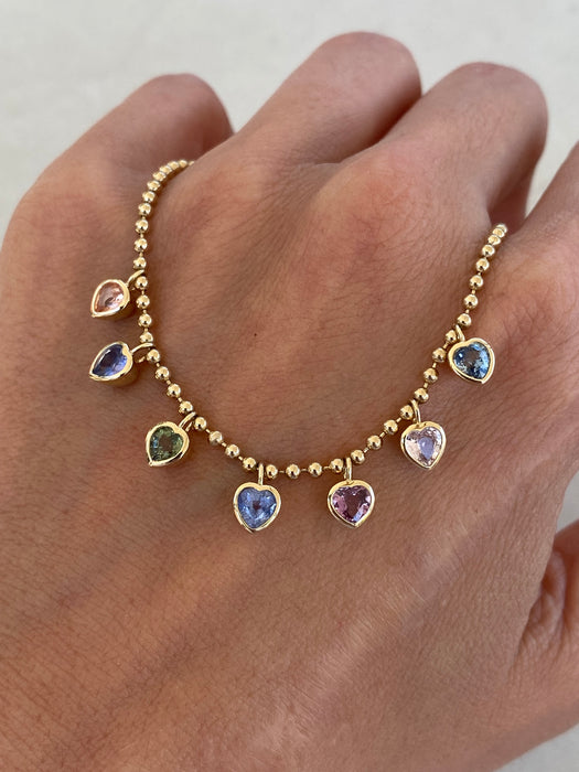 14K Gold Multi-Color Sapphire Heart Bead Bracelet