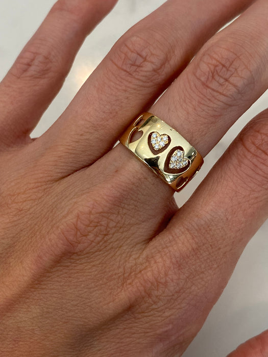 14K Gold Cigar Band Heart Cut Out Diamond Ring