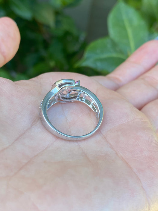 18k white gold baguette diamond kite ruby moon ring size 8.5