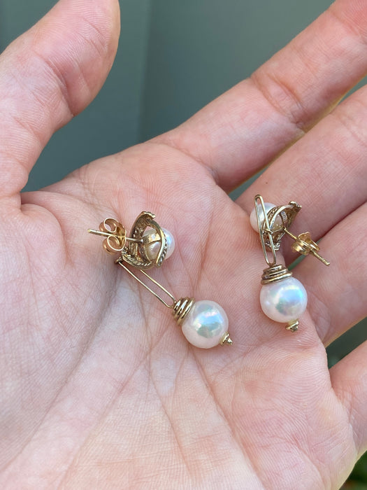 Vintage 14k Gold Double Pearl Rope Dangly Earrings
