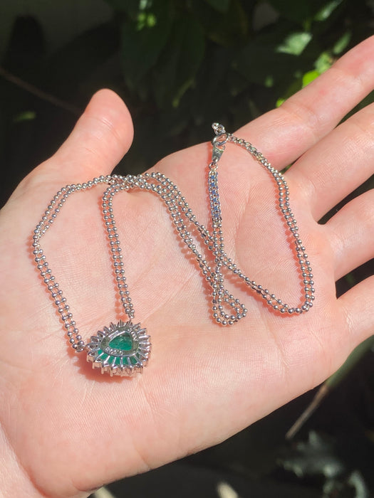 Platinum 850 bezel set 3.5 carat emerald heart and diamond bead necklace