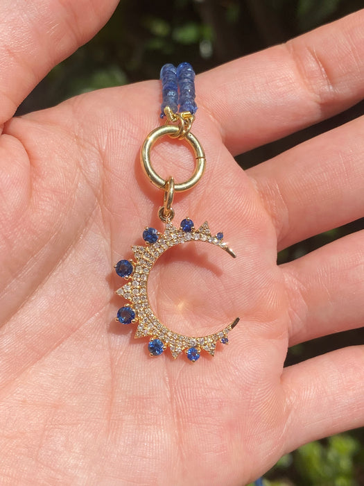 14K Gold Crescent Moon Charm with Blue Sapphire & Diamond Accents – 0.98 TCW