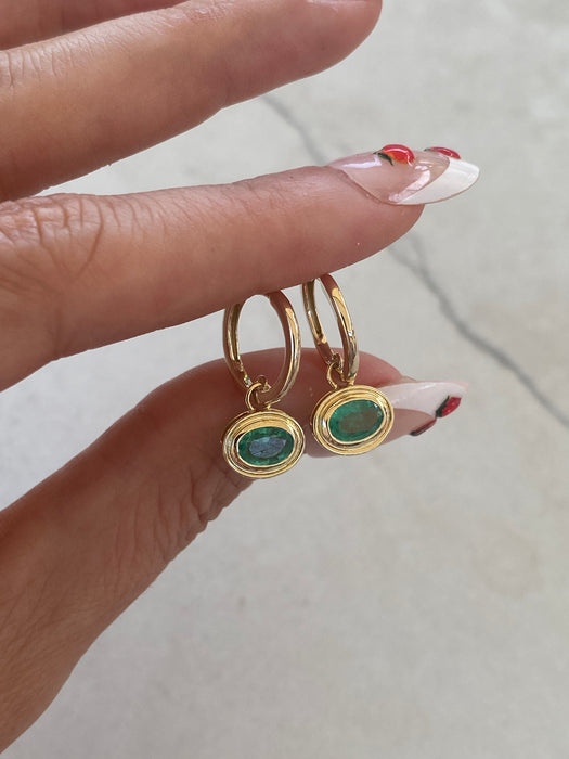 14K Gold Natural Emerald Huggie Earrings with Double Bezel Charms