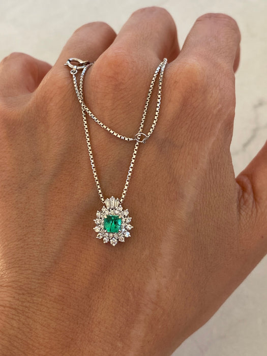 Vintage Platinum Emerald & Diamond Pendant Necklace