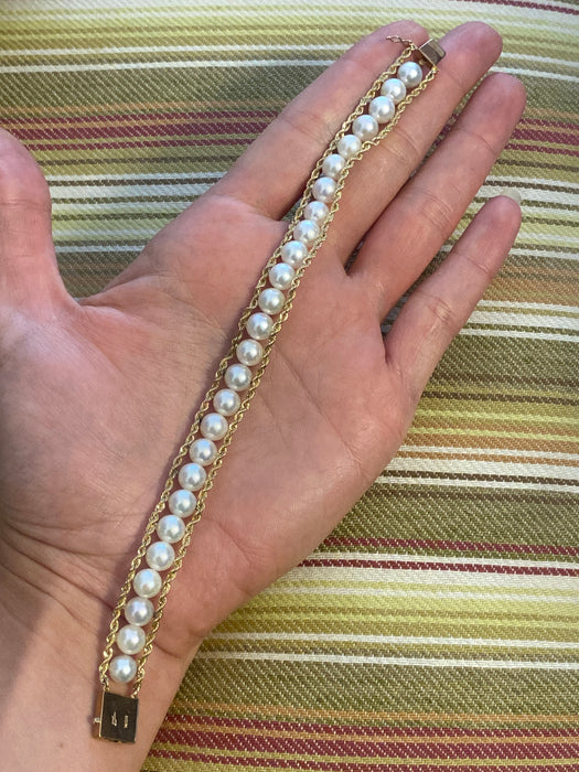 14k double rope pearl bracelet 7.25”