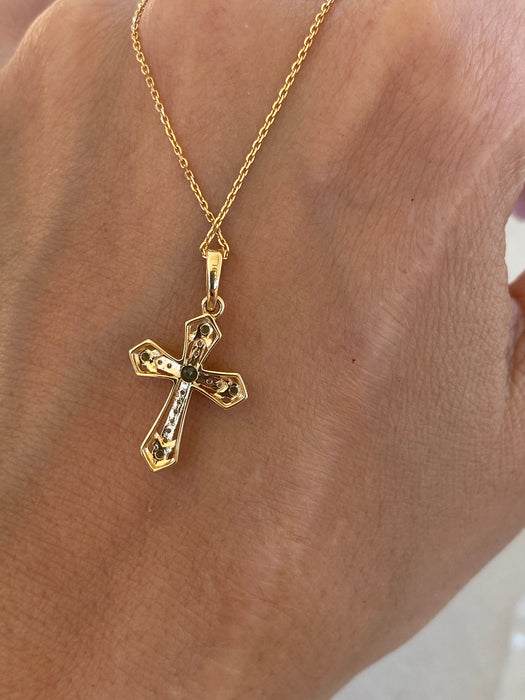 14K Natural Emerald & Diamond Cross Pendant