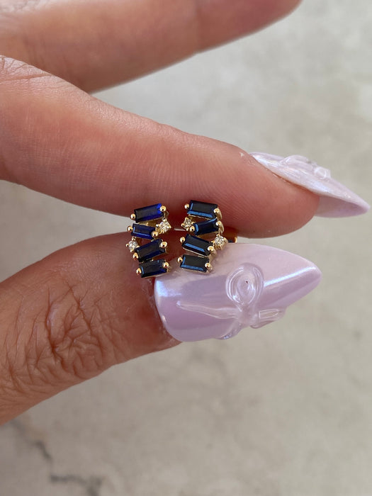 14K Natural Baguette Blue Sapphire & Diamond Earrings
