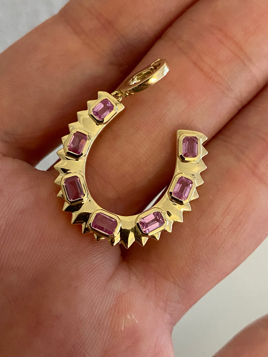 14K Gold Natural Pink Sapphire Horseshoe Charm