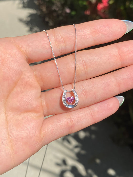 Platinum box chain with horseshoe pink sapphire heart diamond pendant 18”