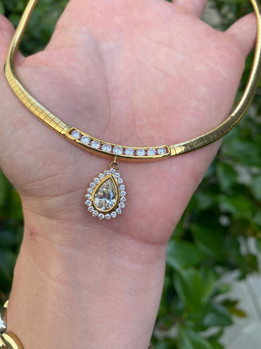 Vintage 18K Gold Diamond Herringbone Necklace 16” – 2.65 TCW Pear Halo Pendant