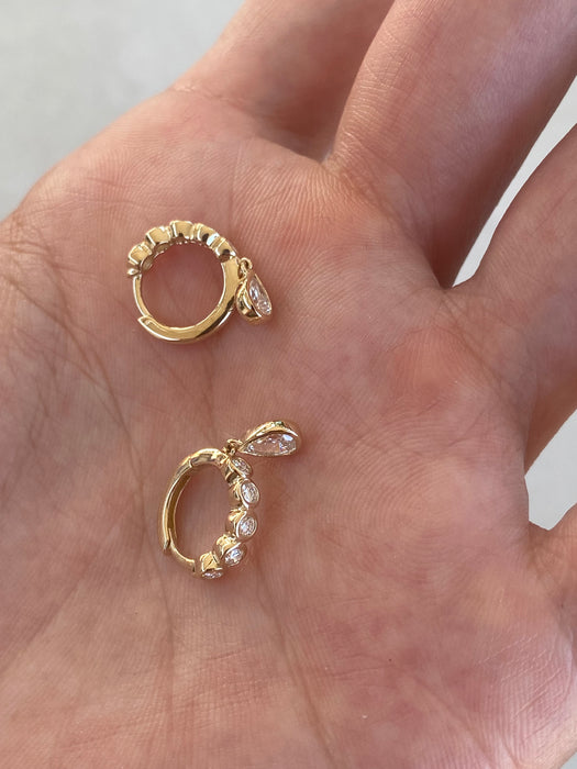 14K Gold Lab Diamond Bezel Huggie Earrings with Pear Drop
