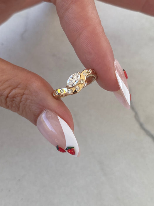 14K Gold Wavy Diamond Band with Flush-Set Marquise & Round Diamonds