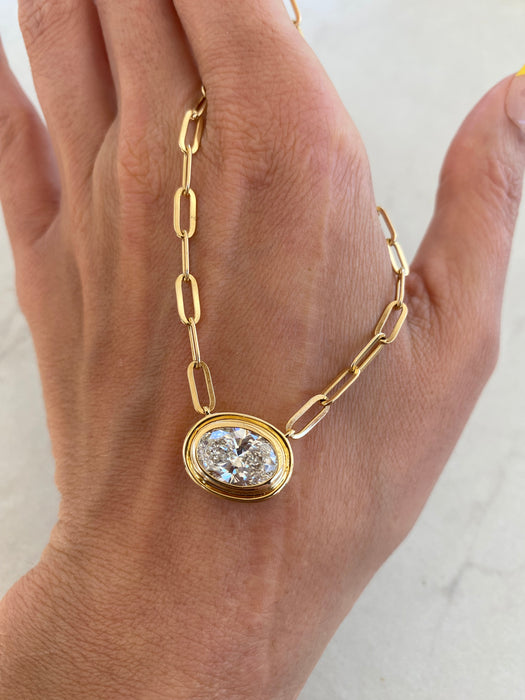 14K Gold Paperclip Necklace with 3 Carat East-West Oval Lab Diamond