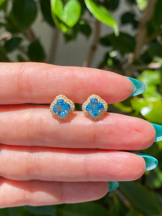 14k blue topaz flower diamond stud earrings